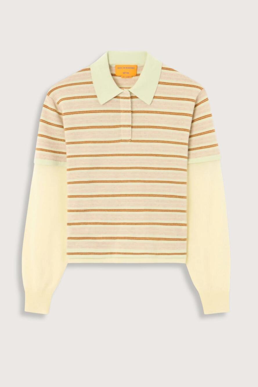 NEW GUEST IN RESIDENCE layered stripe rugby cashmere polo top in lime combo - Picture 4 of 4